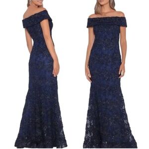 Xscape Navy Off The Shoulder Lace Gown